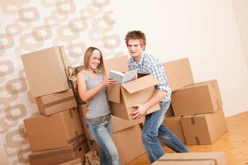 Boxes being packed into a portable storage container